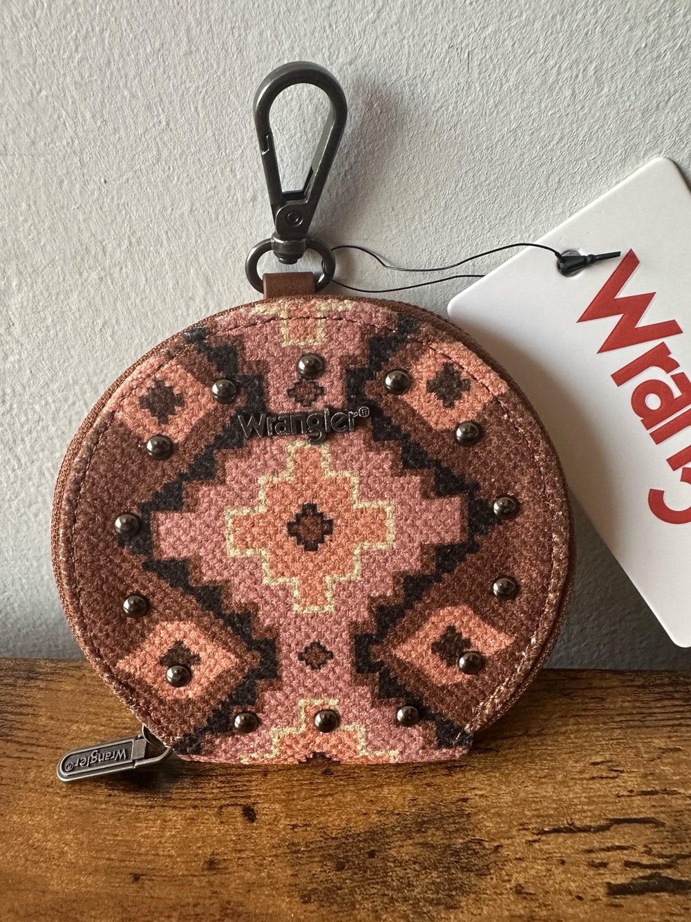 Wrangler Rose Pink & Brown Aztec Round Keychain Wallet Bohemian Bag Charm NWT
